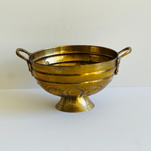 Vintage Brass Pedestal Bowl with Handles Grape Motif Decorative Brass Planter Bowl Candle Vessel