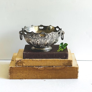 Vintage Silver Plate Ornate Bowl with Ring Handles