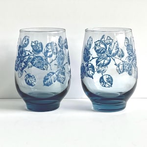Libbey Glass Eventide Pattern Tumblers Blue Raised Leaf Design Juice Glasses 1960’s