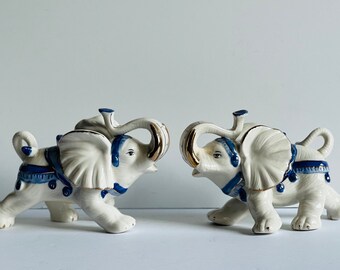 Vintage Elephant Figurines Poreclain Blue White Gold Shelf Decor Elephant Bookends