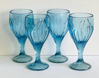 Vintage Lenox Sky Blossoms Blue Water Goblets, Light Blue Wine Glasses, Set of 4