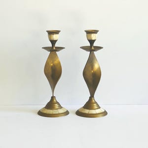 Vintage Brass Candlestick Holders Mother of Pearl Inlays Set of 2