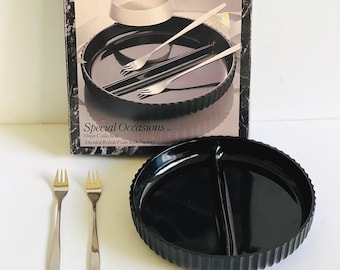 Vintage Special Occasions Onyx Divided Relish Dish Black Serving Tray with Forks, Halloween Table Serviceware