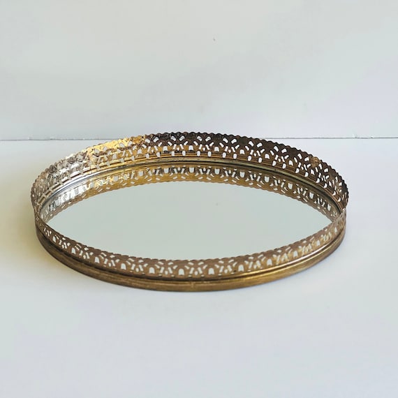 Vintage Gold Filigree Oval Mirror Tray, Hollywood Regency Vanity Decor