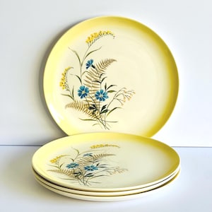 May include: A stack of round ceramic plates featuring a pale yellow rim and a cream-colored center. Each plate is decorated with a botanical illustration of blue cornflowers, yellow wildflowers, and brown fern fronds arranged in a cluster.