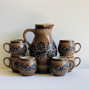 Vintage German Marzi Remy Pitcher and Cups Salt Glazed Stoneware