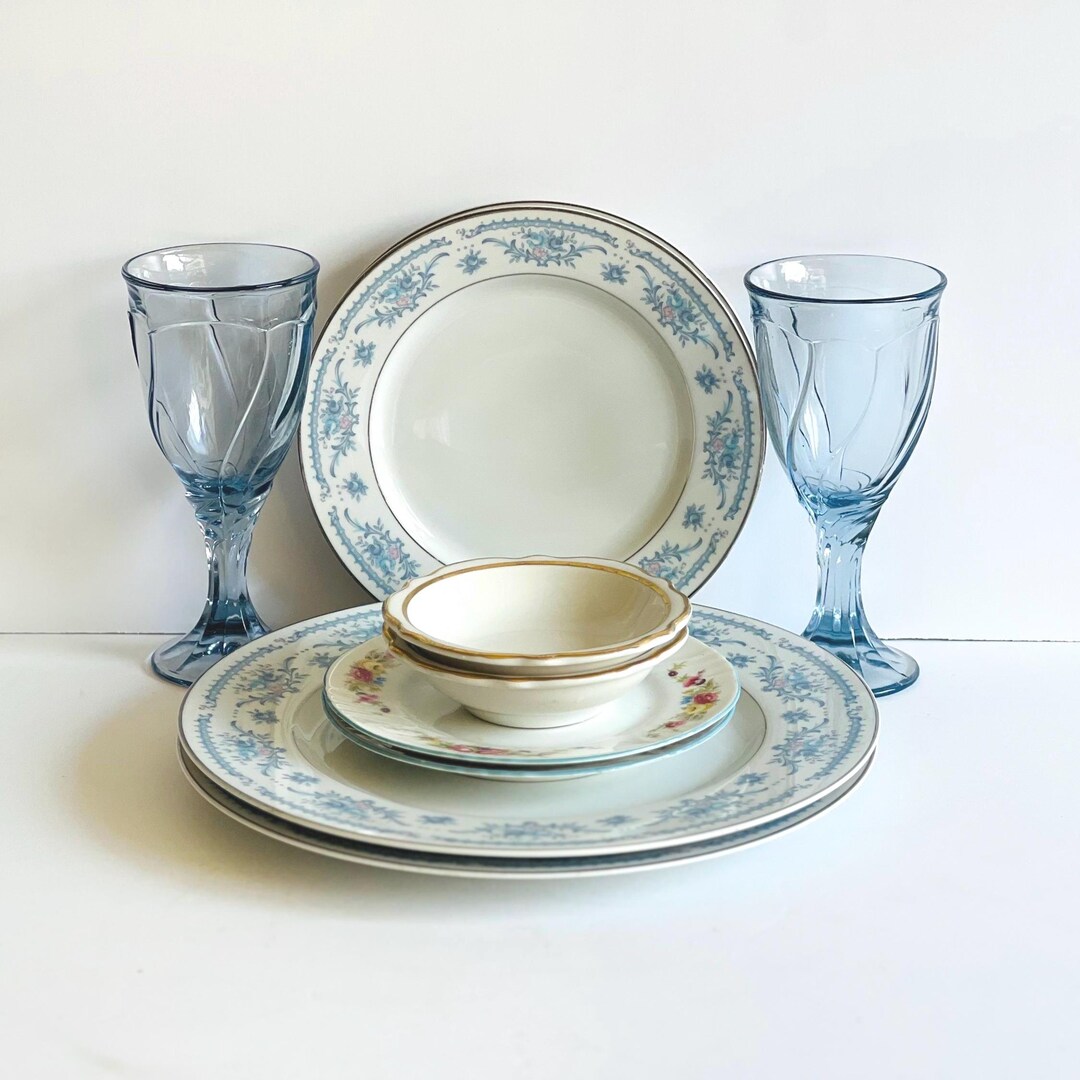 Mismatched Tableware Vintage Mismatched Dinnerware Set: Blue Floral Shabby Chic, Service for ...
