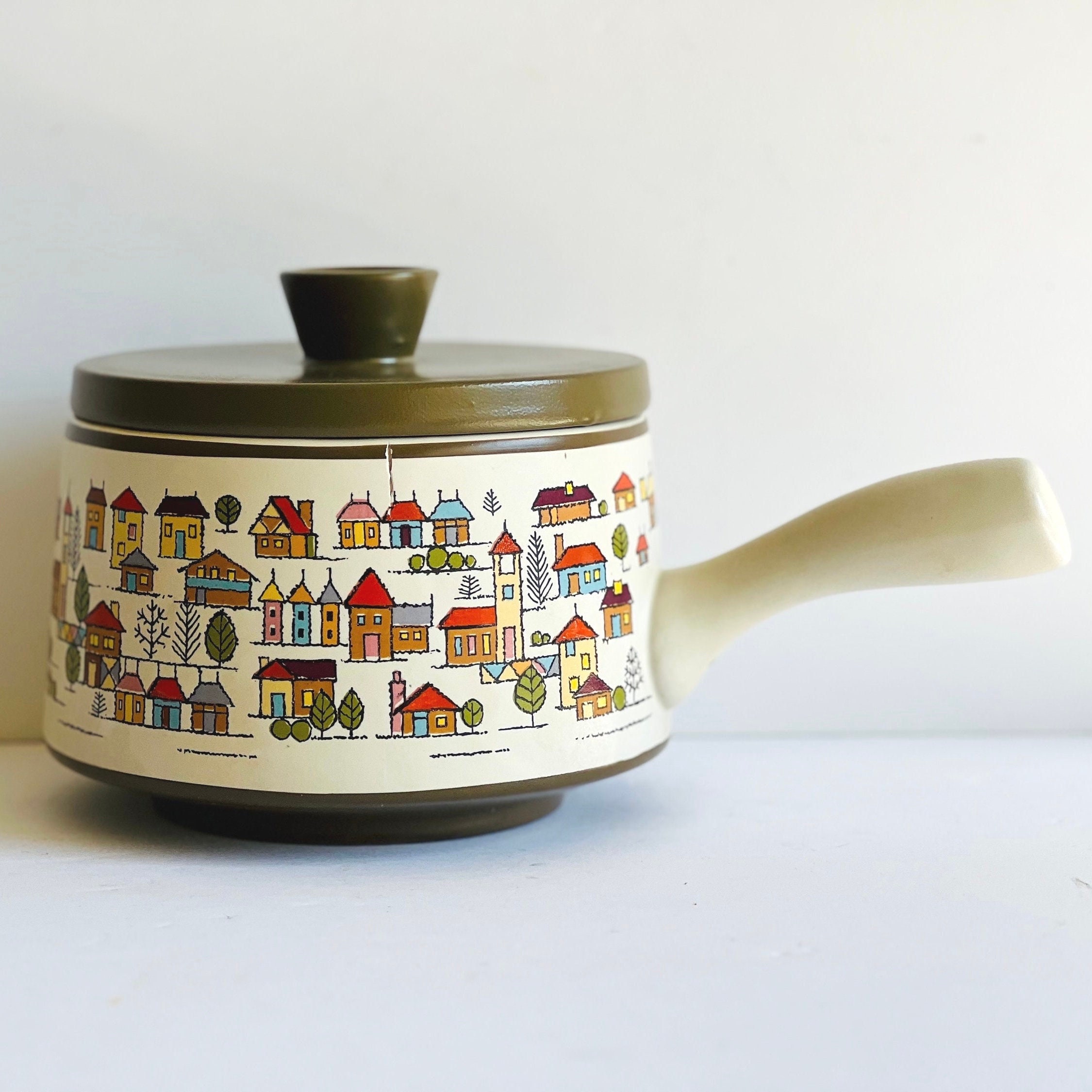 Vintage Country Village Stoneware Pot With Lid, Japanese Stoneware