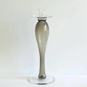 Vintage Smokey Grey Candle Holder Hand Blown Glass Candlestick Holder Mid Century Home Decor