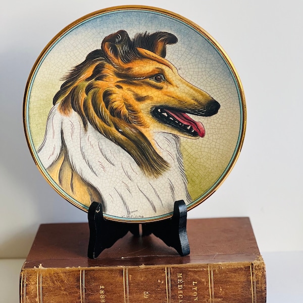 Vintage Hand Painted Collie Dog Plate by Venetian Flair V. Tiziano Gallery Wall Shelf Decor Dog Lover Made in Italy
