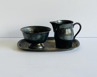 Vintage Silver Plate  Sugar Bowl Creamer and Tray Set, William Rogers Paul Revere Style, Heavy Patina