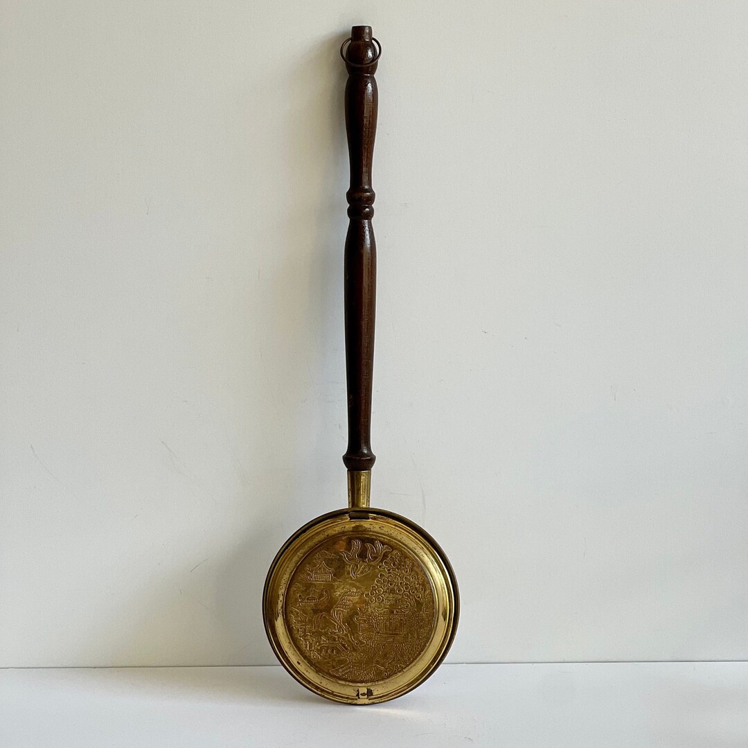 Vintage Brass Bed Warmer Pan Wood Handle Engraved Pocket Bed Etsy
