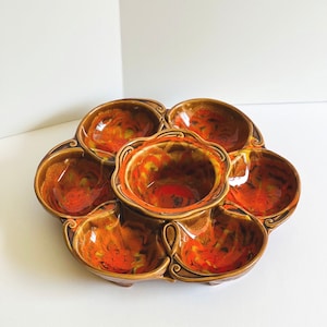 Vintage California Pottery Lazy Susan Chip Dip Serving Set Vegetable Serving Dish Tray Condiment Caddy