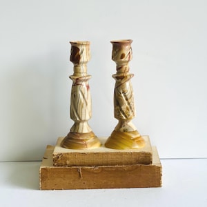 Vintage Stone Candlestick Holders Carved Oynx Taper Candle Holders Coffee Table Shelf Styling