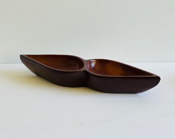 Vintage Double Sided Wooden Snack Dish Server Mid Century Style Divided Tray