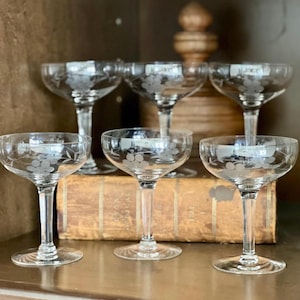 Vintage Etched Champagne Coupes, Wedding Toasting Glasses, Set of 6