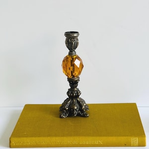 Vintage Hollywood Regency Candle Holder Amber Lucite Cast Metal Candlestick Holder Mid Century Ornate Candleholder