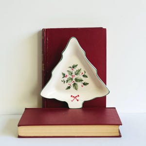 Christmas Tree Shaped Candy Dish Nikko of Japan Festive Holly Porcelain Trinket Dish