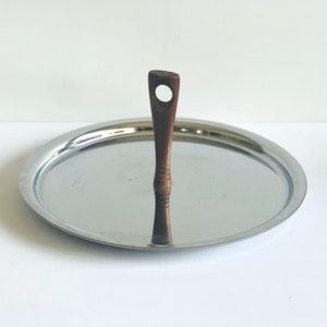 Vintage Chrome Serving Platter with Wood Handle Mid Century Serving Tray Charcuterie Dish Retro Kitchen