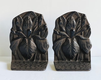 Vintage Art Nouveau Style Japanese Cast Iron Bookends, Iris Flower Repousse Bookends