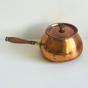 Tagus Copper Pot with Lid Vintage Fondue Pot with Brass and Wood Handle