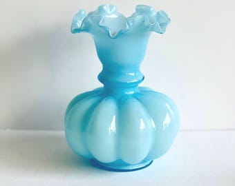 Fenton Melon Vase Ruffled Light Blue Crimped Edge Cased Blue Glass over Milk Color 1940 Art Deco Style Shelf Decor Fenton Collectible