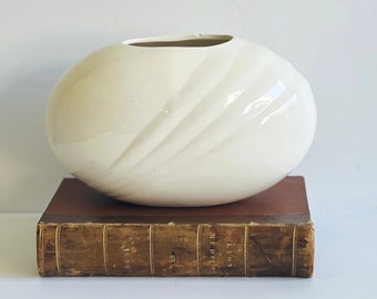 Vintage White Ceramic Vase Post Modern Art Deco Ivory Oblong Vase