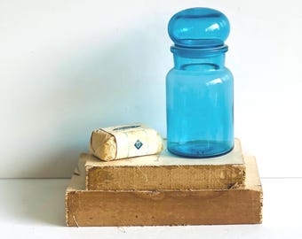 Vintage Belgium Blue Apothecary Jar Bubble Top Turquoise Storage Jar