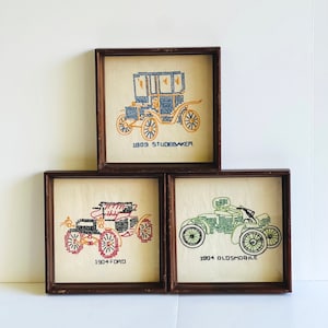 Vintage Car Cross Stitch Embroidery Pictures Wood Framed Wall Decor Vintage Cars Oldsmobile Studebaker Ford Set of 3