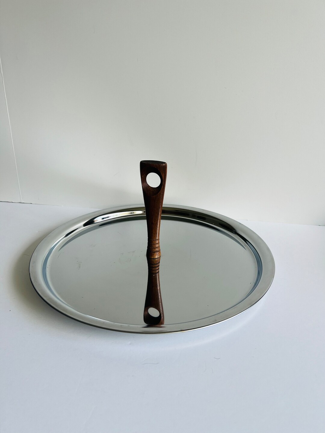 Chrome Serving Platter With Wood Handle MCM Serving Tray Etsy