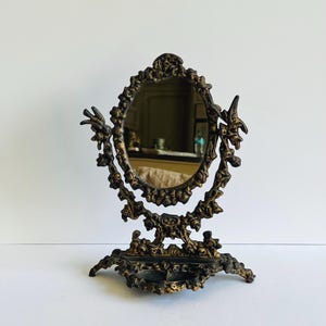 Vintage Ornate Vanity Mirror Cast Iron Bronze Swivel Make Up Mirror Tabeltop Freestanding Mirror
