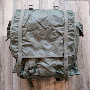 May include: An olive green backpack with a flap closure and adjustable straps. The bag has two buckles on the top and two vertical straps. The material appears to be a durable, possibly water-resistant fabric. The backpack is designed for carrying items.