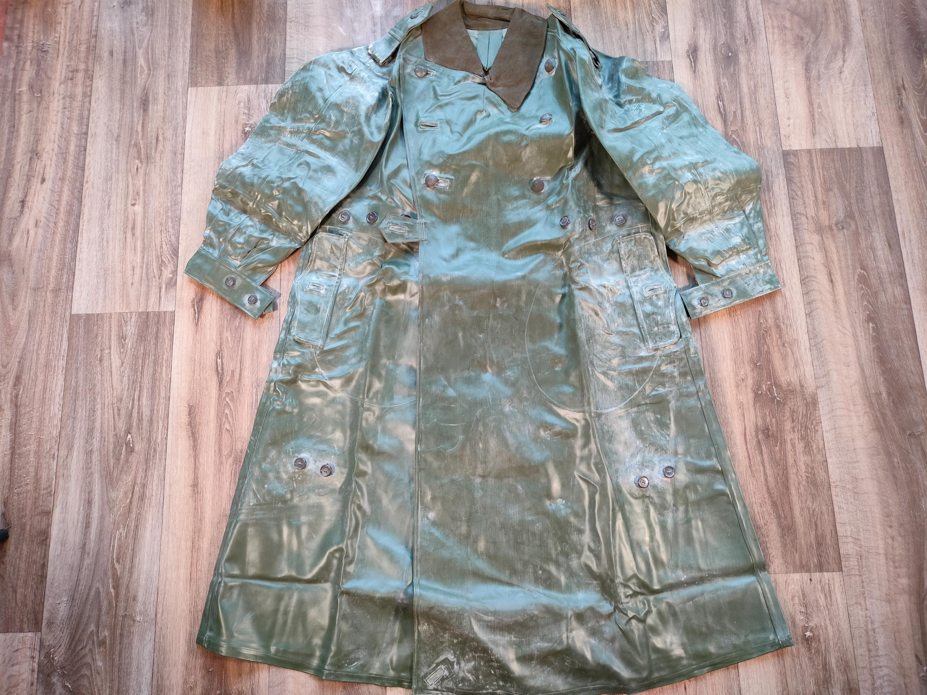 Vintage Military Raincoat - French Army - Olive Green Oiled Rubber