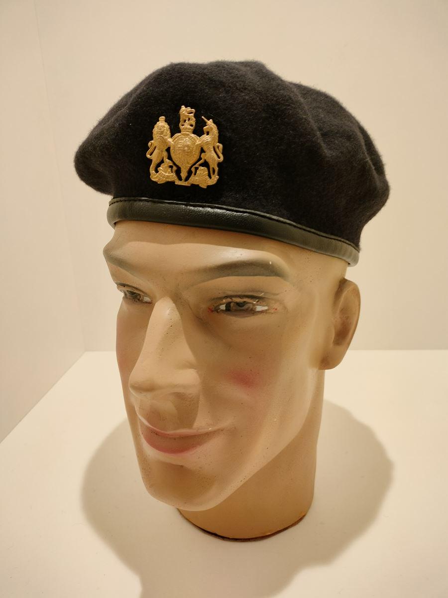 Vintage British Black Beret With Royal Coat of Arms Badge UK