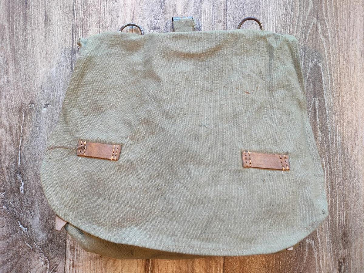 Vintage Military Backpack in Khaki Green Canvas With Leather Loops