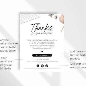 May include: A black and white thank you card with the text "Thanks for your purchase!" and instructions on how to access digital downloads. The card also includes social media icons for Facebook, Instagram, and TikTok.