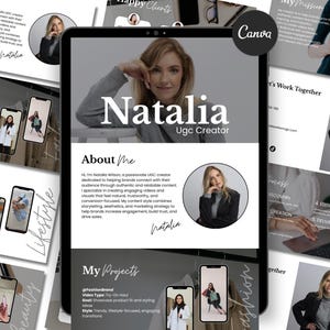 Może przedstawiać: Prezentacja marketingu cyfrowego na tablecie, z imieniem "Natalia" i tytułem "Ugc Creator". Prezentacja zawiera sekcje dotyczące projektów, stylu życia i urody, ze zdjęciami smartfonów wyświetlających treść.