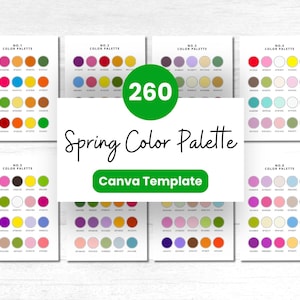 Puede incluir: Un conjunto de tarjetas de paleta de colores con temática primaveral. Cada tarjeta muestra una variedad de colores, dispuestos en filas. También se ve el texto "Spring Color Palette" y "Canva Template". Un círculo verde muestra el número "260".