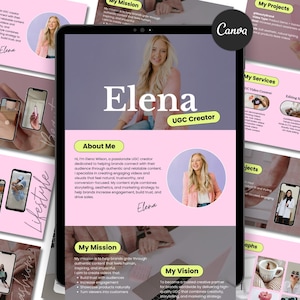 May include: A digital marketing presentation on a tablet, featuring a woman's photo and the name "Elena, UGC Creator." The presentation includes sections on projects, services, and mission, with a pink and white color scheme.