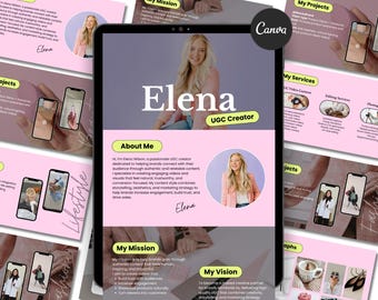 May include: A digital marketing presentation on a tablet, featuring a woman's photo and the name "Elena, UGC Creator." The presentation includes sections on projects, services, and mission, with a pink and white color scheme.