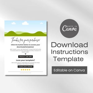 May include: A digital download template with instructions. The design features a landscape with green hills and blue sky. Text includes "Thanks for your purchase!" and "Download Instructions Template." The template is editable in Canva.