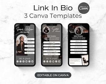 May include: Three black and white mobile phone screen mockups with a link in bio template for social media. The template features a woman's headshot, the text "Sara Wilson UGC Creator", and buttons for "About Me", "Portfolio", "My Services", "Work With Me", and "Book a Call".