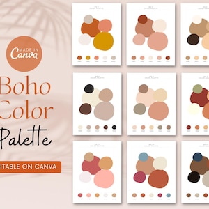 May include: Nine different colour palettes with abstract shapes in various shades of brown, red, orange, beige, and cream. The text "Boho Color Palette" and "Editable on Canva" is displayed on the image.