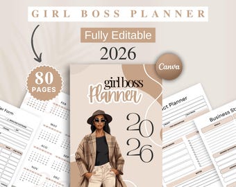 Girl Boss Business Planner 2026, Editable Canva Template (Digital Download)
