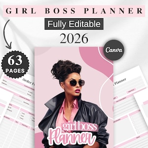 Op de afbeelding: Een roze en witte "Girl Boss Planner" voor 2026, volledig bewerkbaar met 63 pagina's. De omslag toont een stijlvolle vrouw met zonnebril en een zwarte jas. Inclusief pagina's voor zakelijk overzicht en vision board.