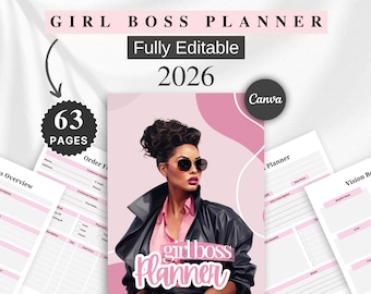 Girl Boss Business Planner 2026, Editable Canva Template (Digital Download)