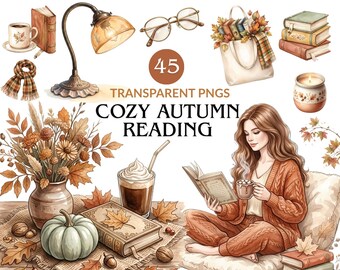 Bookish Clipart, Fall Reading PNG, Watercolor Autumn Book Club Clipart Bundle.