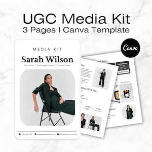 Könnte beinhalten: Ein weißes und schwarzes Medienkit-Template mit dem Text "UGC Media Kit" und "3 Pages | Canva Template". Das Kit enthält ein Foto einer Person in einem schwarzen Anzug und den Text "Sarah Wilson". Das Canva-Logo ist sichtbar.