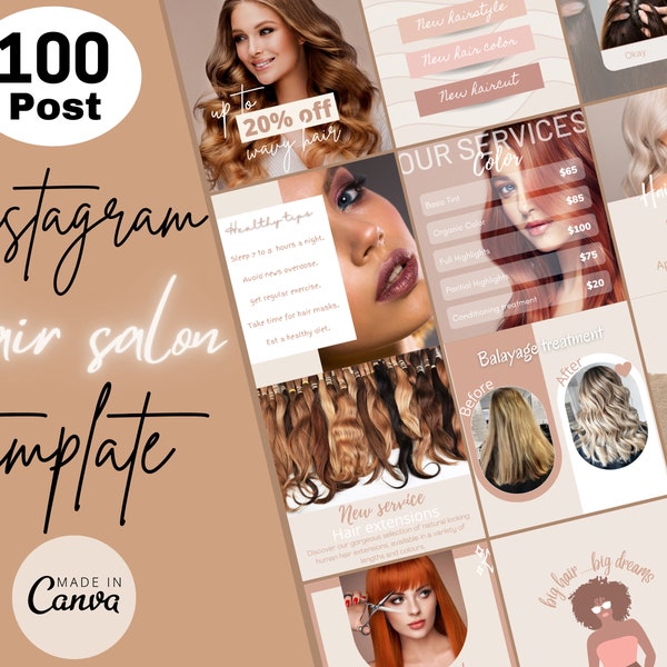 100 Hair Salon Instagram Post Canva Templates | Beauty Salon Editable Instagram Post | Pink And Brown Hairdresser Posts | Hair care Posts.