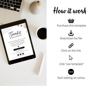 May include: A digital tablet displaying a thank you message for a purchase. The message includes a button to access the product. The image also shows a laptop, a cup of coffee, and a pen.
